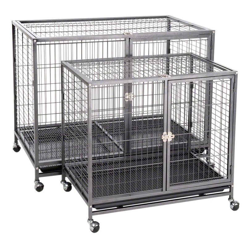 Two black metal cages with mesh walls, doors with locks and wheels for mobility. Different sizes visible.