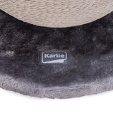Karlie logo on grey, fluffy fabric base of a scratching post.