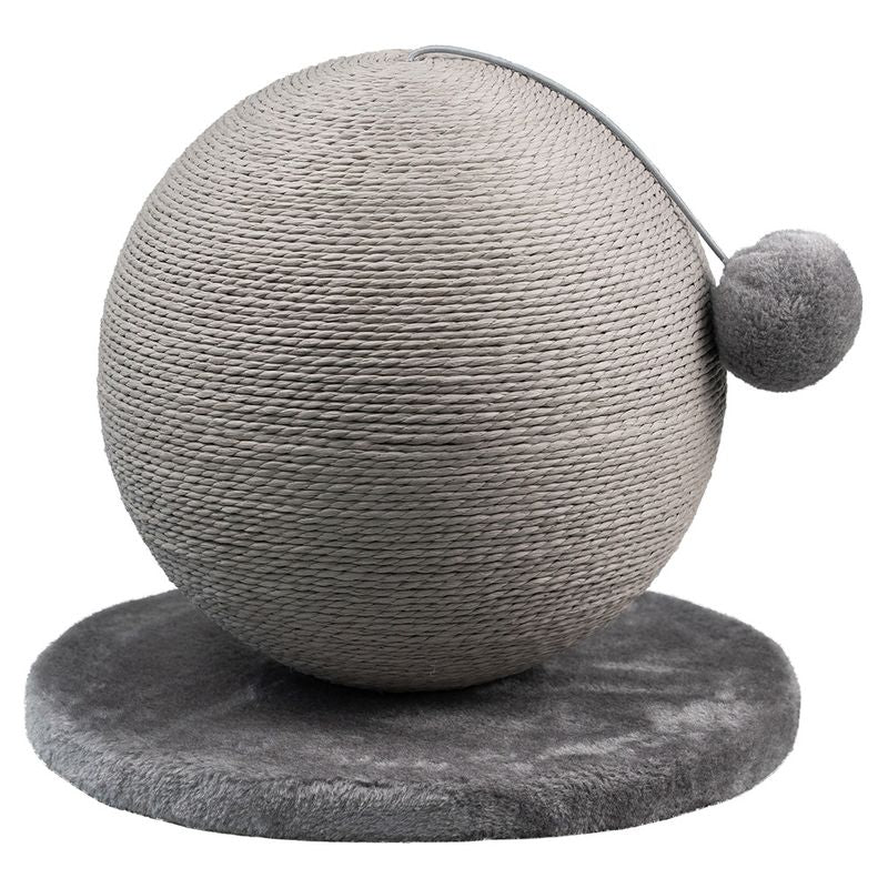Grey sisal scratching ball with plush ball on elastic band, on round plush base.