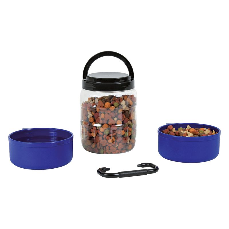 Food container with black handle, two blue food bowls and a black carabiner. Container filled with colourful dry food.