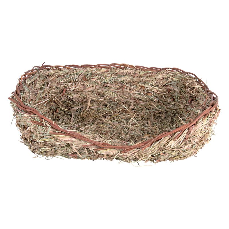 Oval basket made of woven natural material, brown and beige, suitable as accessory or decoration.