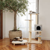 Cat tree with multiple levels, cave and resting areas made of light wood and grey fabric. Two cats use the platforms.