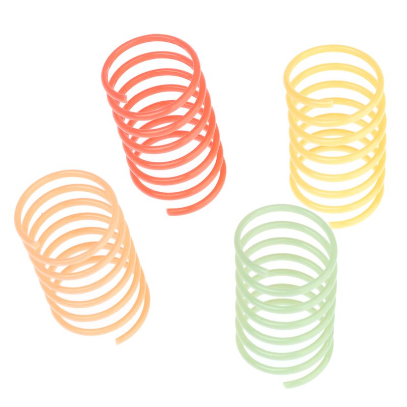 Four coloured plastic spirals in red, yellow, orange and green, suitable as toy or accessory.