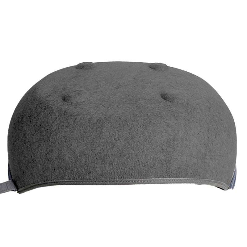 Grey, round felt cushion with four visible indentations on the surface.