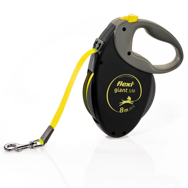 Flexi Giant S/M dog lead, black with yellow tape, length 8m, Made in Germany.