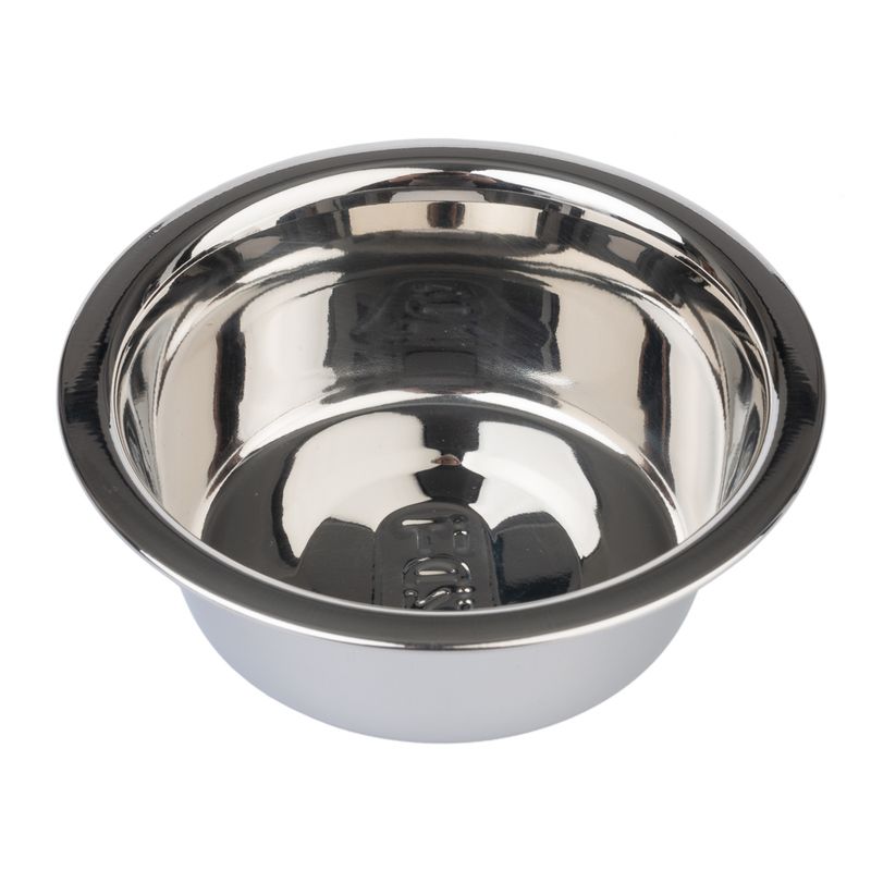 Round stainless steel bowl with shiny surface and embossed 'Trixie' lettering on the base.