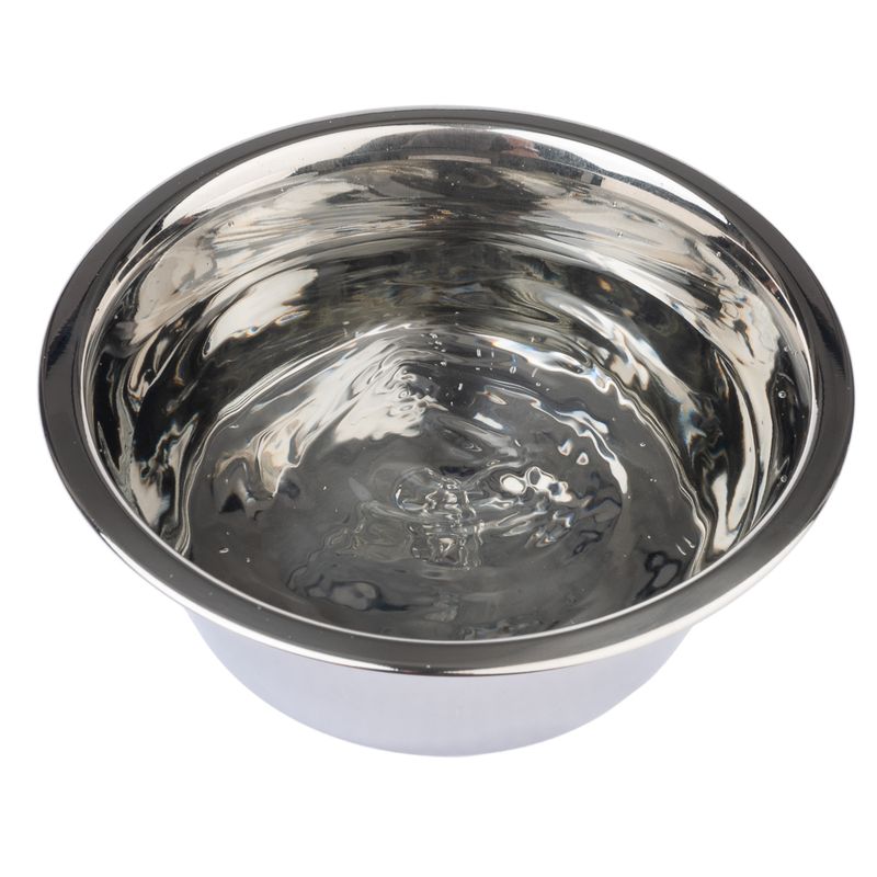 Round stainless steel bowl with shiny surface, suitable for food or water.