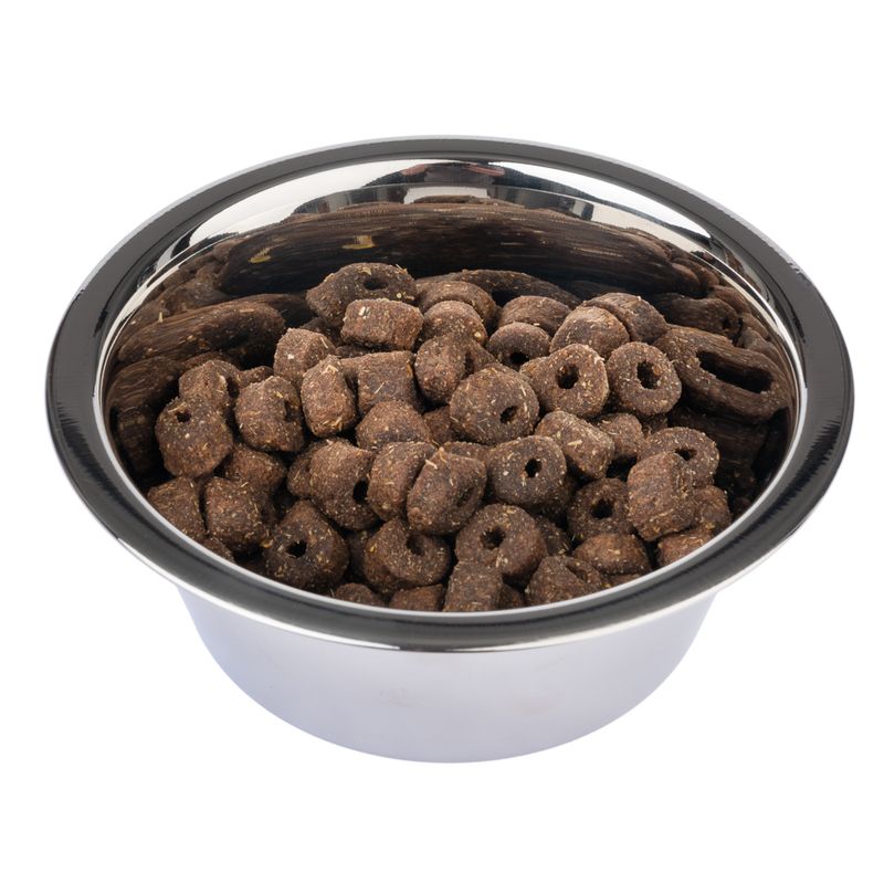 Round, brown dry food pieces in a silver food bowl.