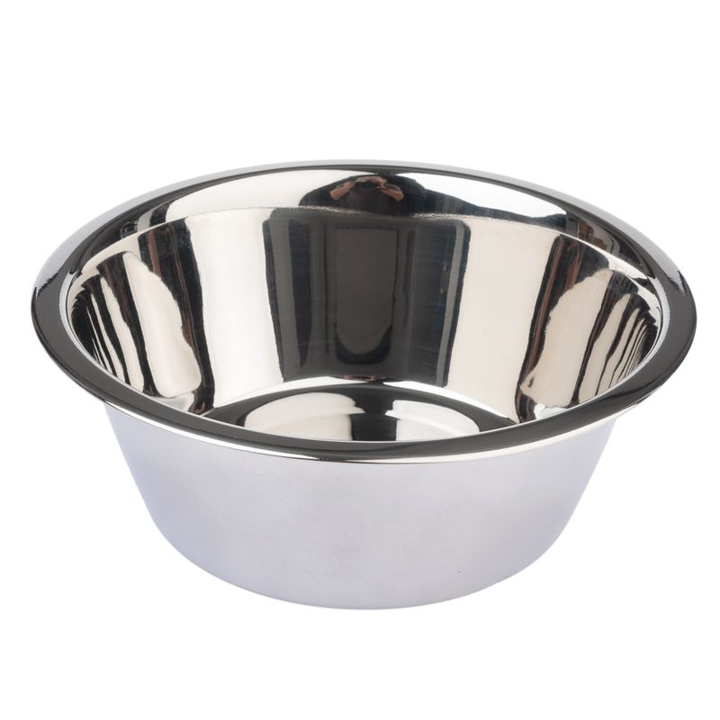 Stainless steel feeding bowl with shiny surface, round shape and raised rim.