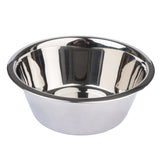Stainless steel feeding bowl with shiny surface, round shape and raised rim.