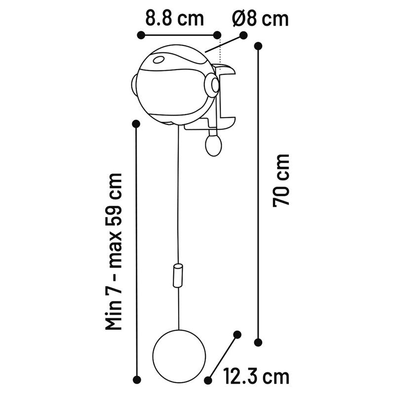Diagram with product dimensions: diameter 8 cm, width 8.8 cm, height 70 cm, rope length min. 7 cm to max. 59 cm, ball diameter 12.3 cm.