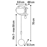 Diagram with product dimensions: diameter 8 cm, width 8.8 cm, height 70 cm, rope length min. 7 cm to max. 59 cm, ball diameter 12.3 cm.