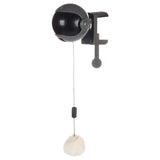 Toy holder with black ball, white plush ball on string and screw clamp for attachment.