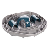 Grey and blue interactive toy with maze design, suitable for slow feeding or entertainment.