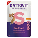 Kattovit Vital Care Sterilised with chicken, 85g. For neutered cats, supports healthy metabolism. Packaging shows orange-white cat and icons for chicken, weight, and health.