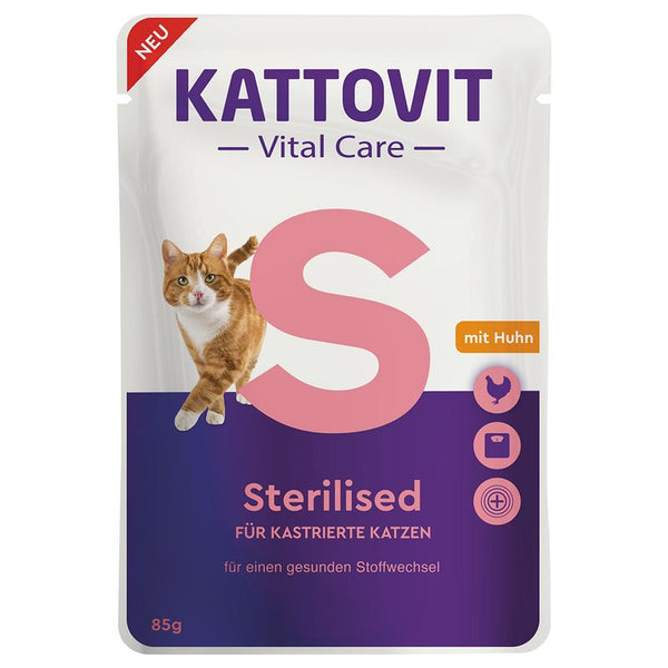 Kattovit Vital Care Sterilised with chicken, 85g. For neutered cats, supports healthy metabolism. Packaging shows orange-white cat and icons for chicken, weight, and health.