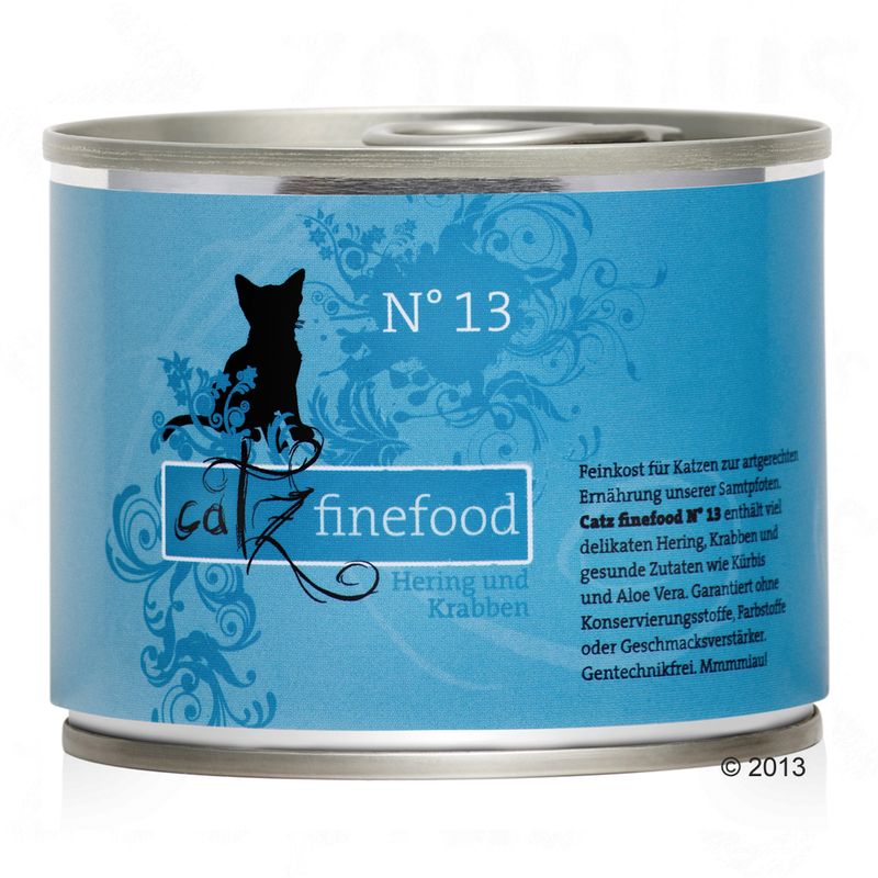 Catz finefood No 13 tin with herring and crab, contains pumpkin and aloe vera, guaranteed free from preservatives, colourings or flavour enhancers, GMO-free.