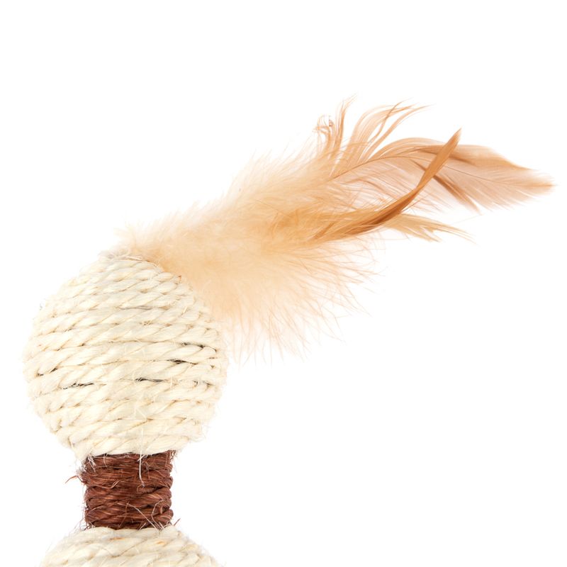 Toy made of white rope with brown accents and beige feathers.
