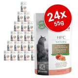 Pack of 24 pouches, each 55g, HFC Natural Salmon and Pumpkin for adult cats. Label shows salmon and pumpkin ingredients. 100% profits to nature is indicated on the packaging.