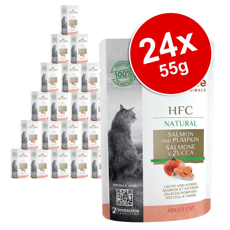 Pack of 24 pouches, each 55g, HFC Natural Salmon and Pumpkin for adult cats. Label shows salmon and pumpkin ingredients. 100% profits to nature is indicated on the packaging.