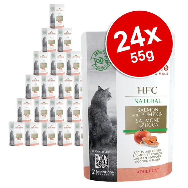 Pack of 24 pouches, each 55g, HFC Natural Salmon and Pumpkin for adult cats. Label shows salmon and pumpkin ingredients. 100% profits to nature is indicated on the packaging.