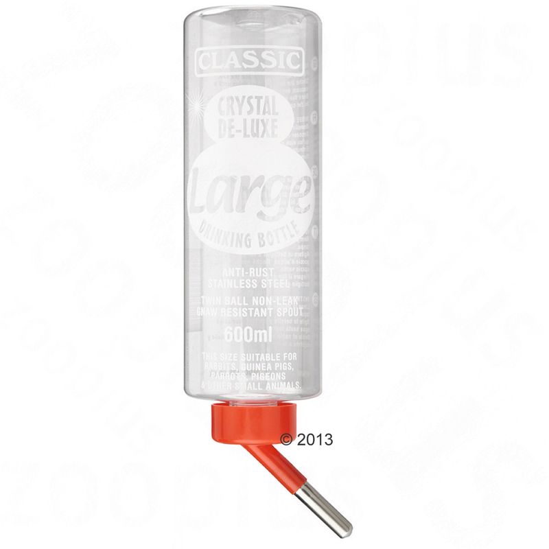 Large Crystal De-Luxe drinking bottle, 600ml capacity, anti-rust stainless steel, twin ball non-leak gnaw resistant spout. Suitable for rabbits, guinea pigs, parrots, pigeons, small animals.