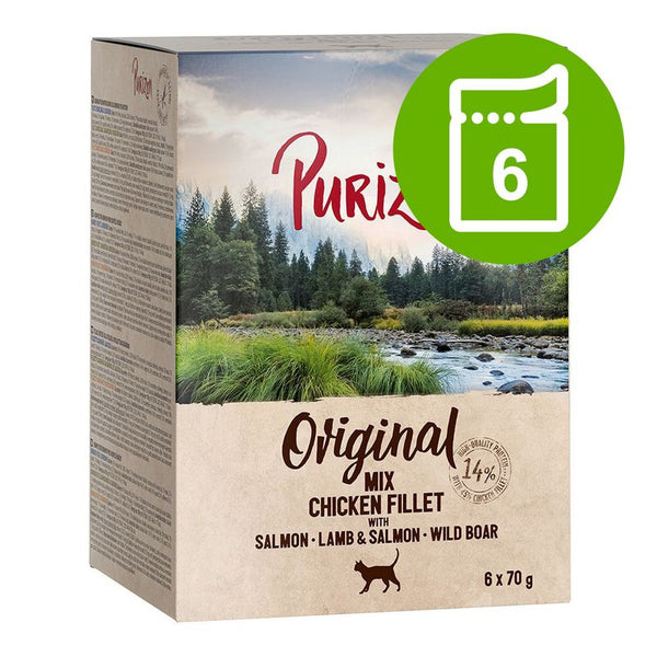 Purizon Original Mix Chicken Fillet with salmon, lamb and wild boar. Pack contains 6 x 70g. Suitable for cats.