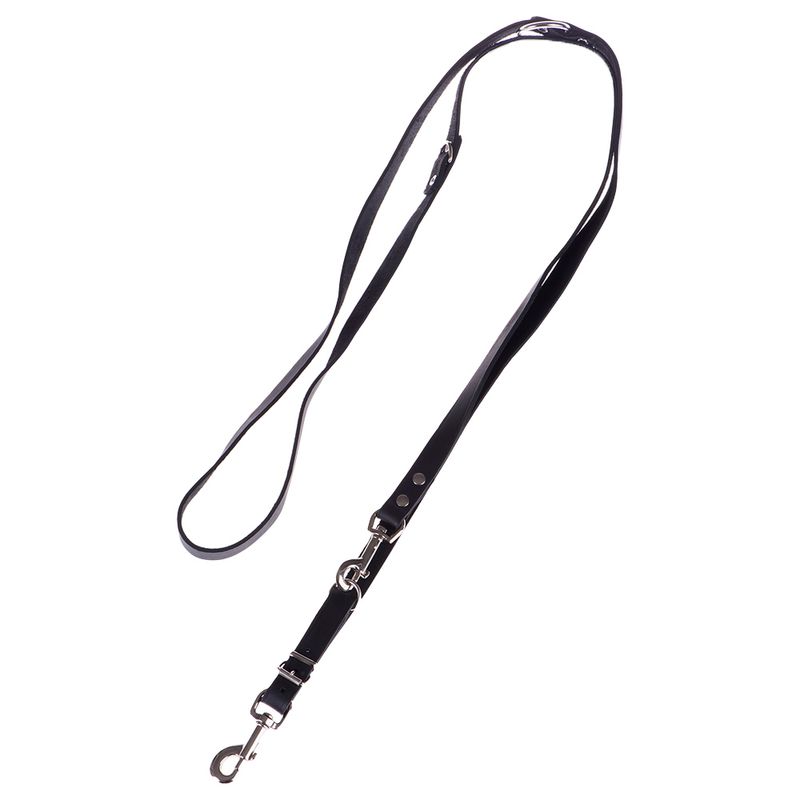 Black leather dog lead with adjustable length and metal snap hook.