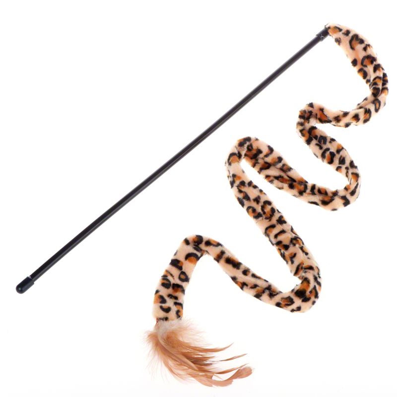 Teaser wand with leopard pattern and feather pendant, black rod.