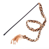 Teaser wand with leopard pattern and feather pendant, black rod.