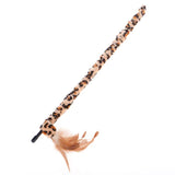 Toy wand with leopard pattern and brown feathers at the end.