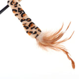 Teaser wand with leopard pattern and brown feathers at the end, suitable for interactive play.