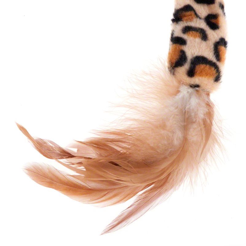Toy with leopard pattern and beige feathers.