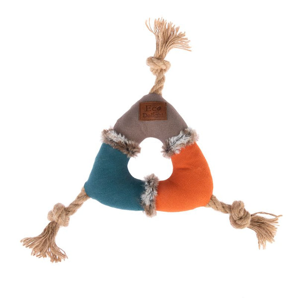 Eco Delight fabric toy with three coloured segments in blue, orange and brown, fur trim and rope knots at the ends.