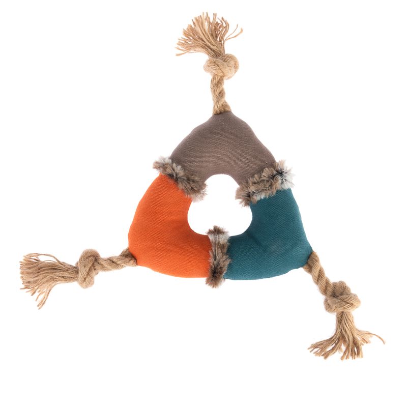 Triangular fabric toy in brown, orange and blue with fur trim and three rope knots at the corners.