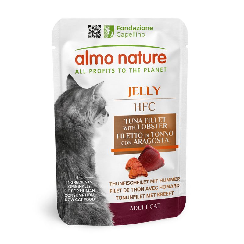 Almo Nature Jelly HFC tuna fillet with lobster. Ingredients originally fit for human consumption, now cat food. Adult Cat. Fondazione Capellino.
