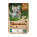 Kitten food with chicken, 100% animal protein, chunks in sauce, grain free recipe, contains FOS and omega, Swedish natural ingredients, 85g pouch, made in Sweden.