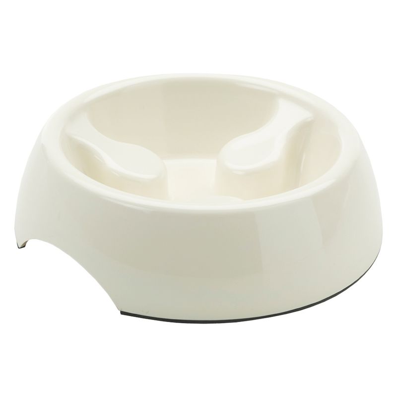 Beige feeding bowl with raised inner walls to slow down eating speed.