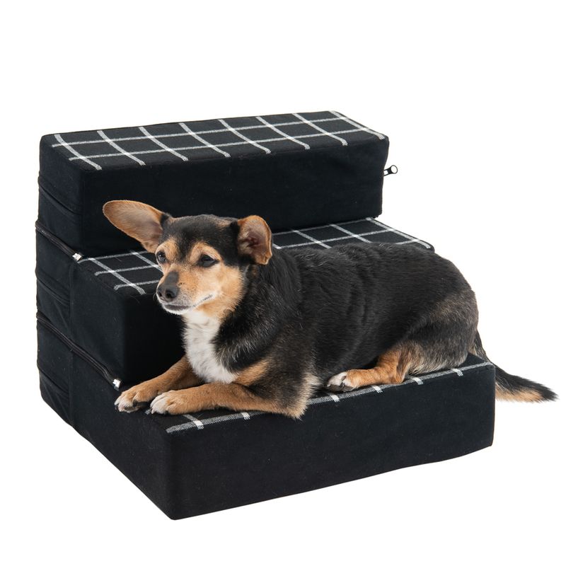 Black staircase with check pattern, suitable for pets. Small dog lying on the top step.