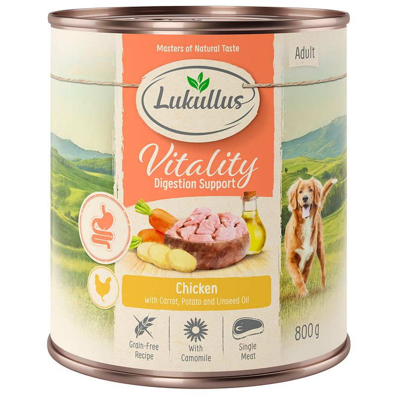 Lukullus Vitality Digestion Support Adult. Chicken with carrot, potato and linseed oil. Grain-free recipe, with chamomile, single meat. 800g can.