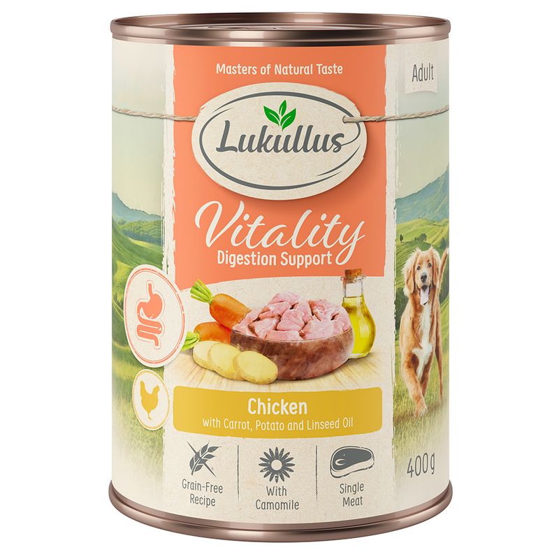 Lukullus Vitality Digestion Support Adult, chicken with carrot, potato and linseed oil. Grain-free, with chamomile, single meat. 400g can.