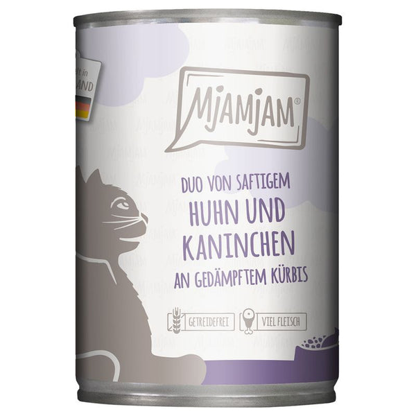 MjAMjAM Duo of juicy chicken and rabbit with steamed pumpkin. Grain-free, high meat content. Made in Germany.