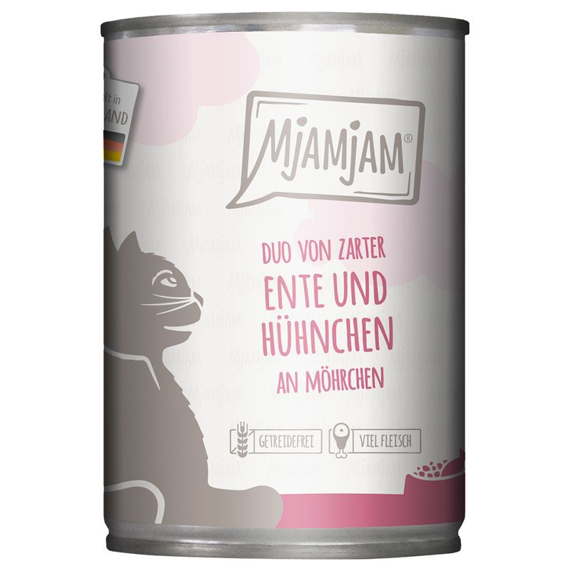 Mjamjam Duo of tender duck and chicken with carrots. Grain-free, high meat content. Made in Germany.
