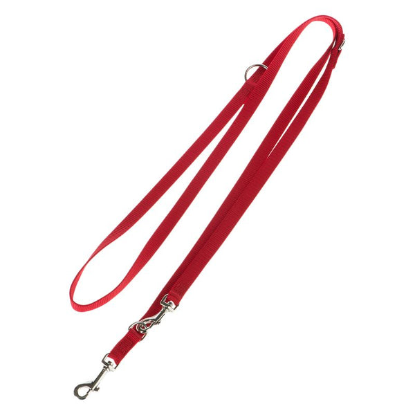 Red nylon dog lead with adjustable length and metal carabiner clip.