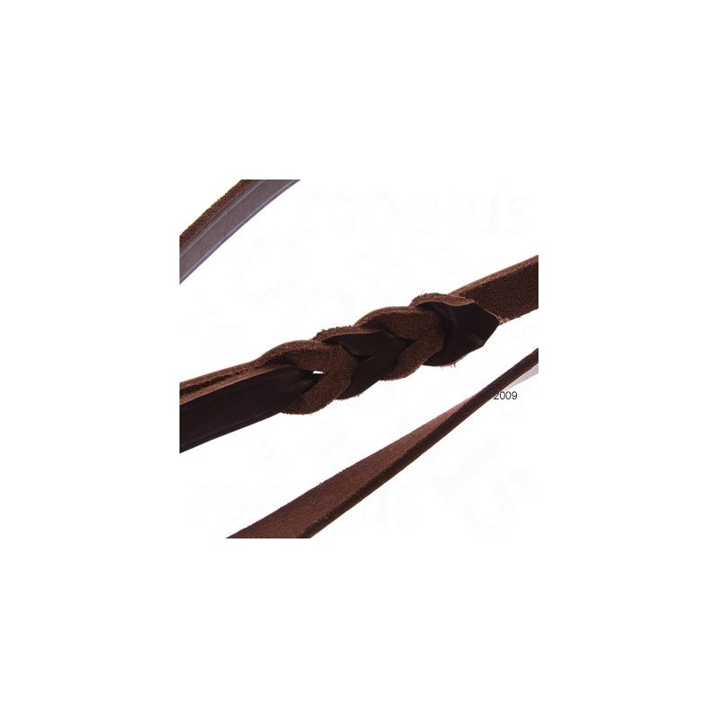 Close-up of a brown braided leather strap showing the texture and plaited design detail.