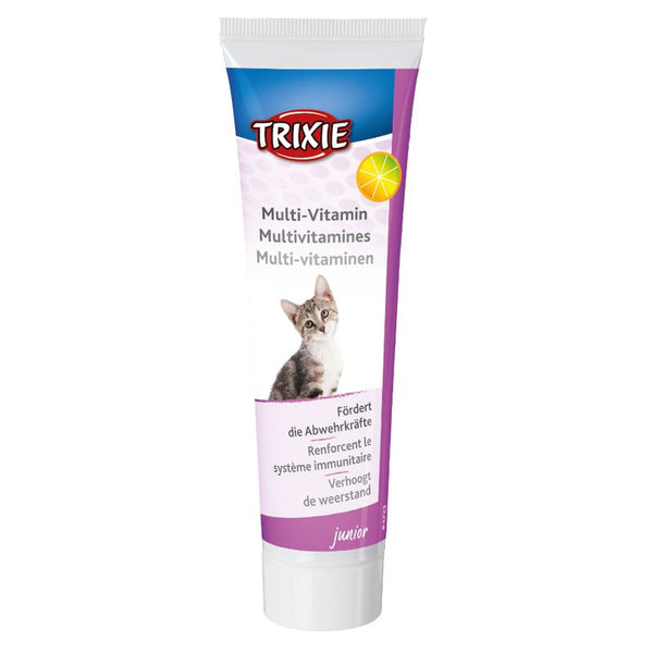 Trixie Multi-Vitamin Paste for cats, supports immune system. Junior formula with visible cat image and citrus motif.