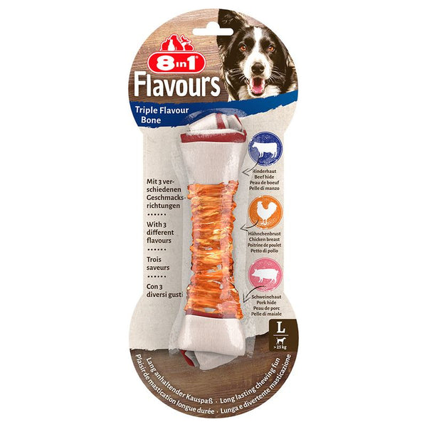 8in1 Flavours Triple Flavour Bone, chew bone with three flavours: beef hide, chicken breast and pork hide. Size L for dogs over 25kg.