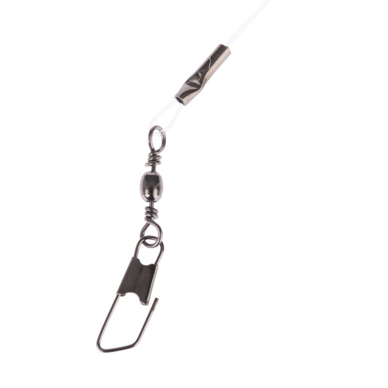 Metal swivel with carabiner hook and transparent nylon thread, suitable for toy or accessory attachment.