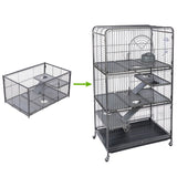 Conversion of a low cage into a tall, multi-level cage with ramps and platforms. Metal construction with castors for mobility.