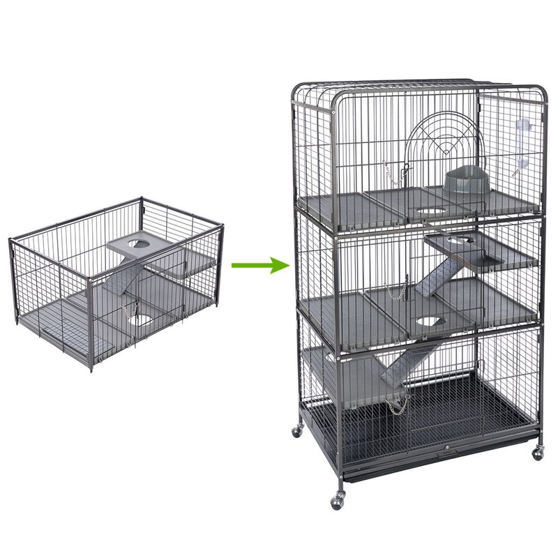 Conversion of a low cage into a tall, multi-level cage with ramps and platforms. Metal construction with castors for mobility.